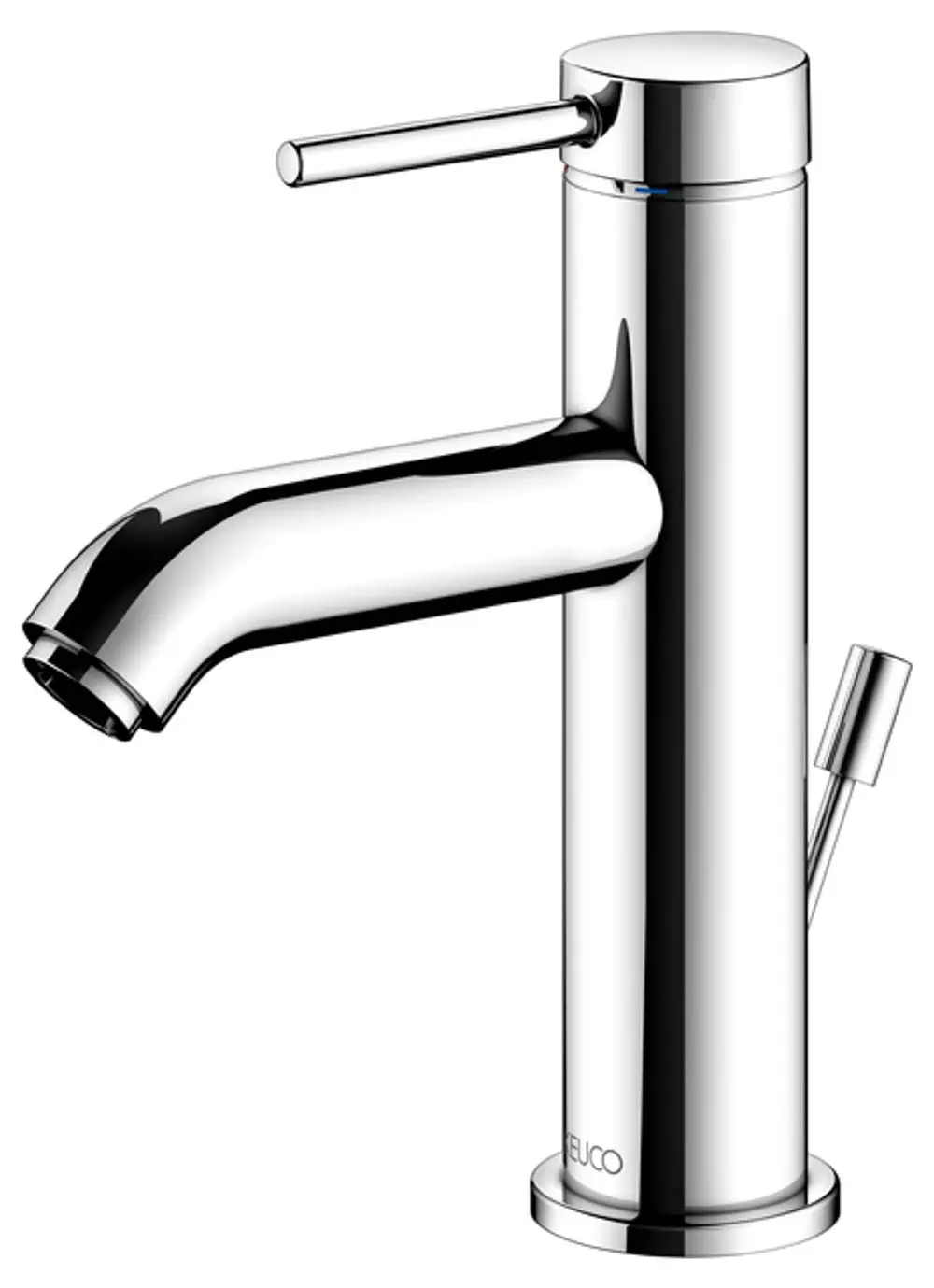 Großer, verchromter Waschtischmischer von Keuco mit klassischem Design. Der Auslass ist sanft geschwungen, und der Hebel befindet sich seitlich.